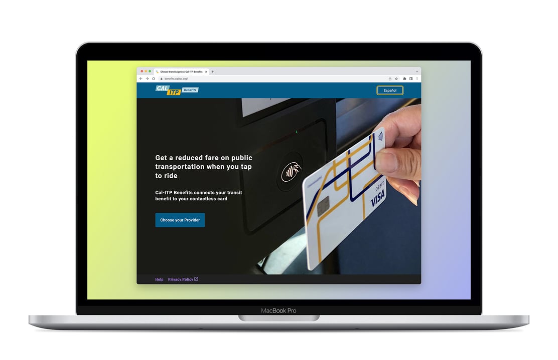 A laptop showing the landing page for the Cal-ITP Benefits web application.