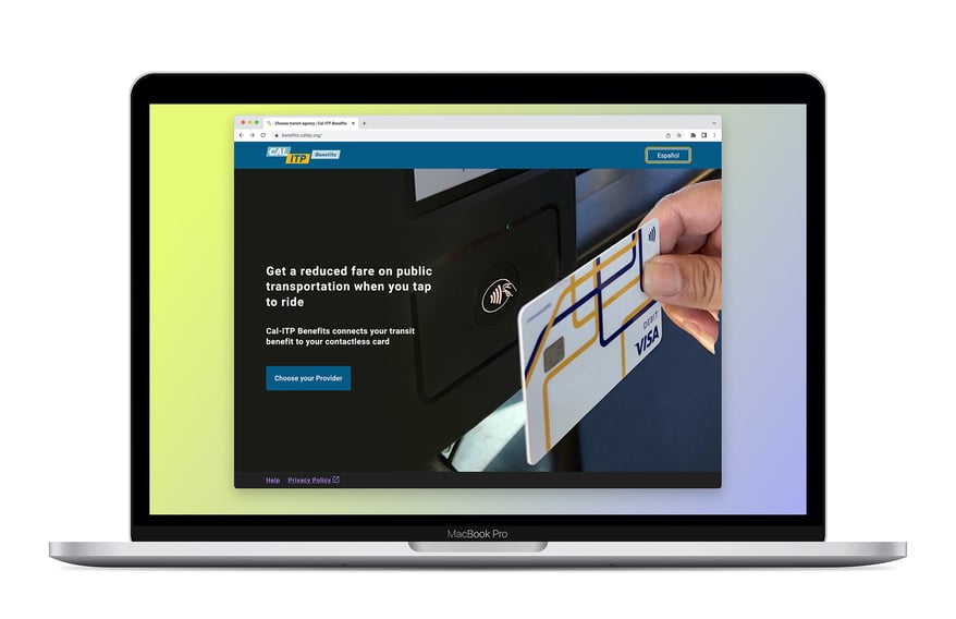 A laptop showing the landing page for the Cal-ITP Benefits web application.